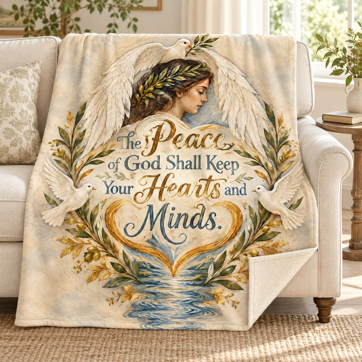 The Peace of God Shall Keep Your Hearts and Minds. blanket, on a sofa