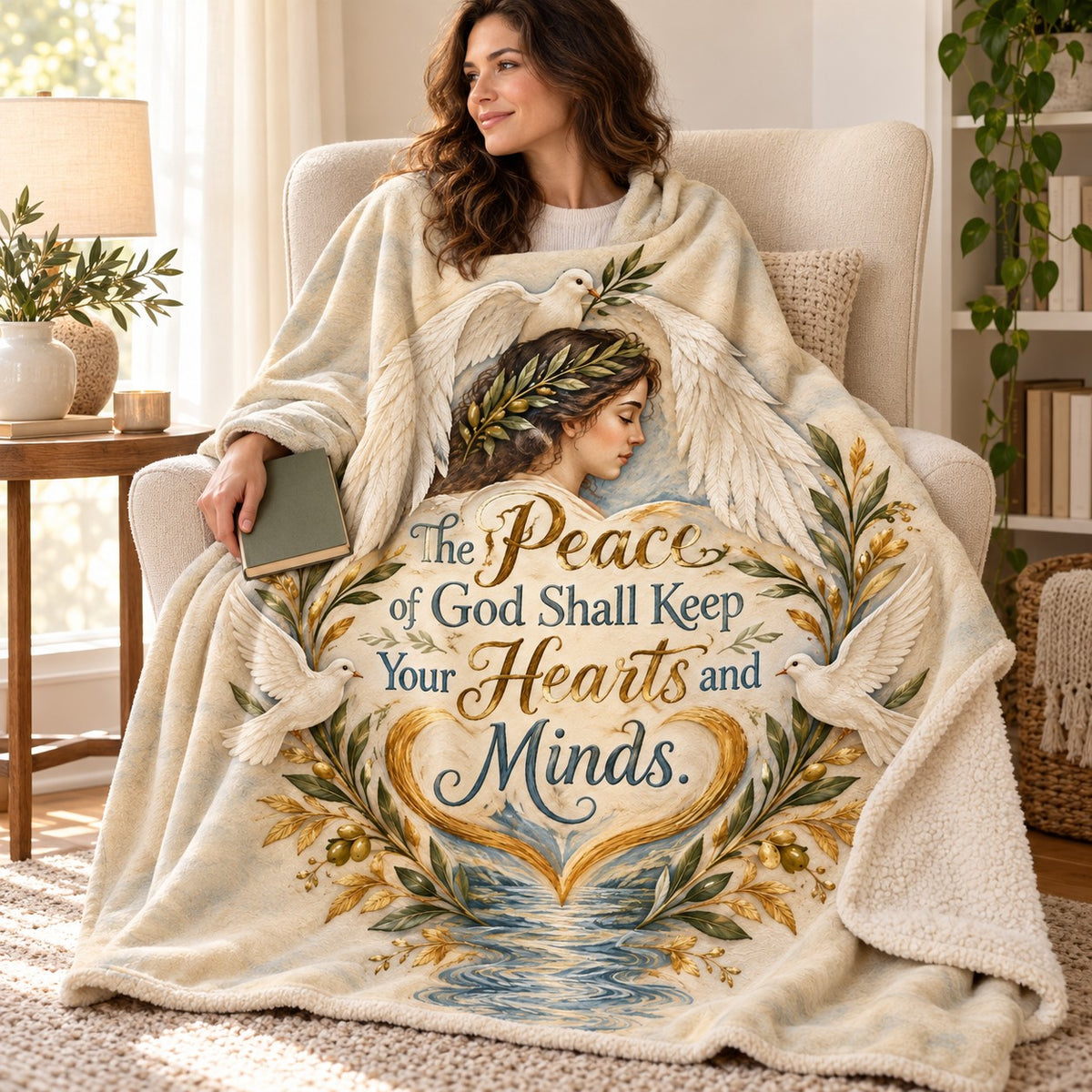 The Peace of God Shall Keep Your Hearts and Minds. blanket, wrapped around a reader