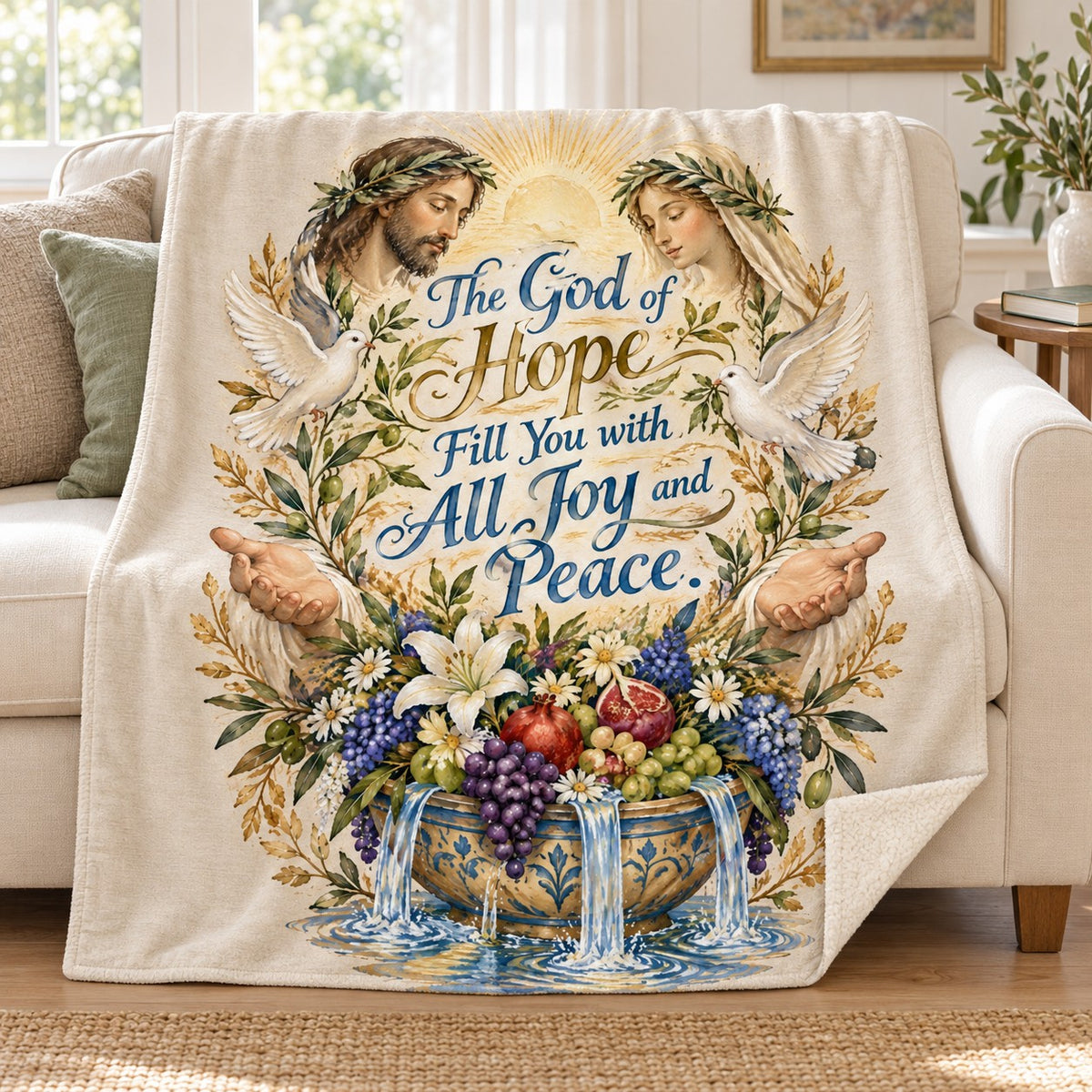 The God of Hope Fill You with All Joy and Peace. blanket, on a sofa