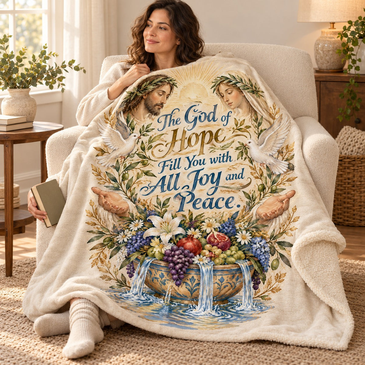 The God of Hope Fill You with All Joy and Peace. blanket, wrapped around a reader
