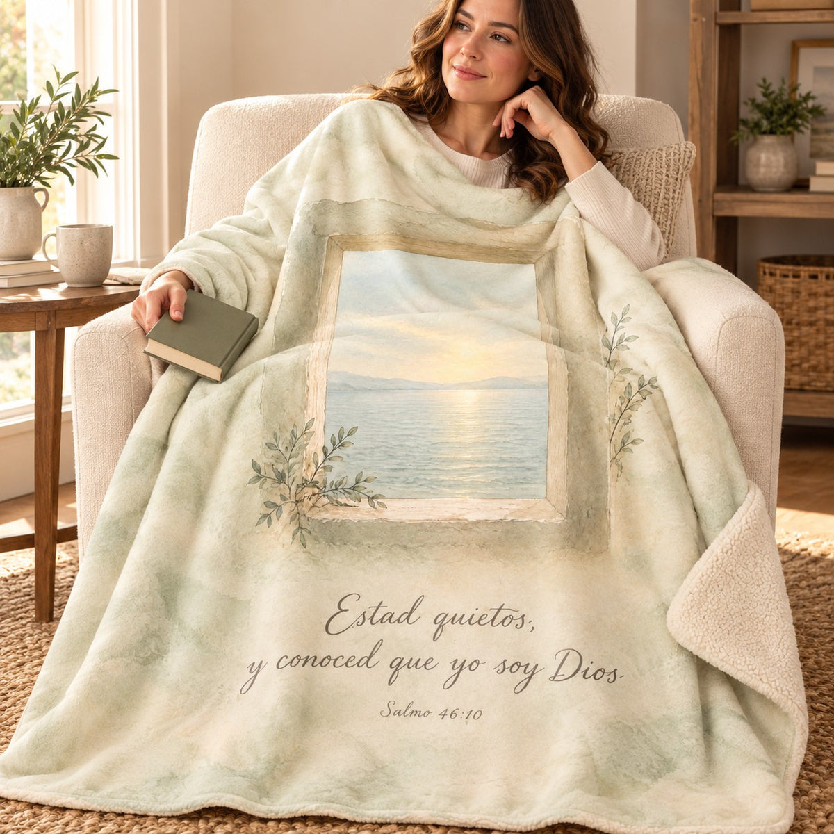 Estad quietos,
y conoced que yo soy Dios blanket, wrapped around a reader