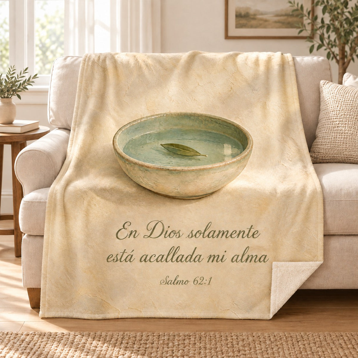 En Dios solamente
está acallada mi alma blanket, on a sofa