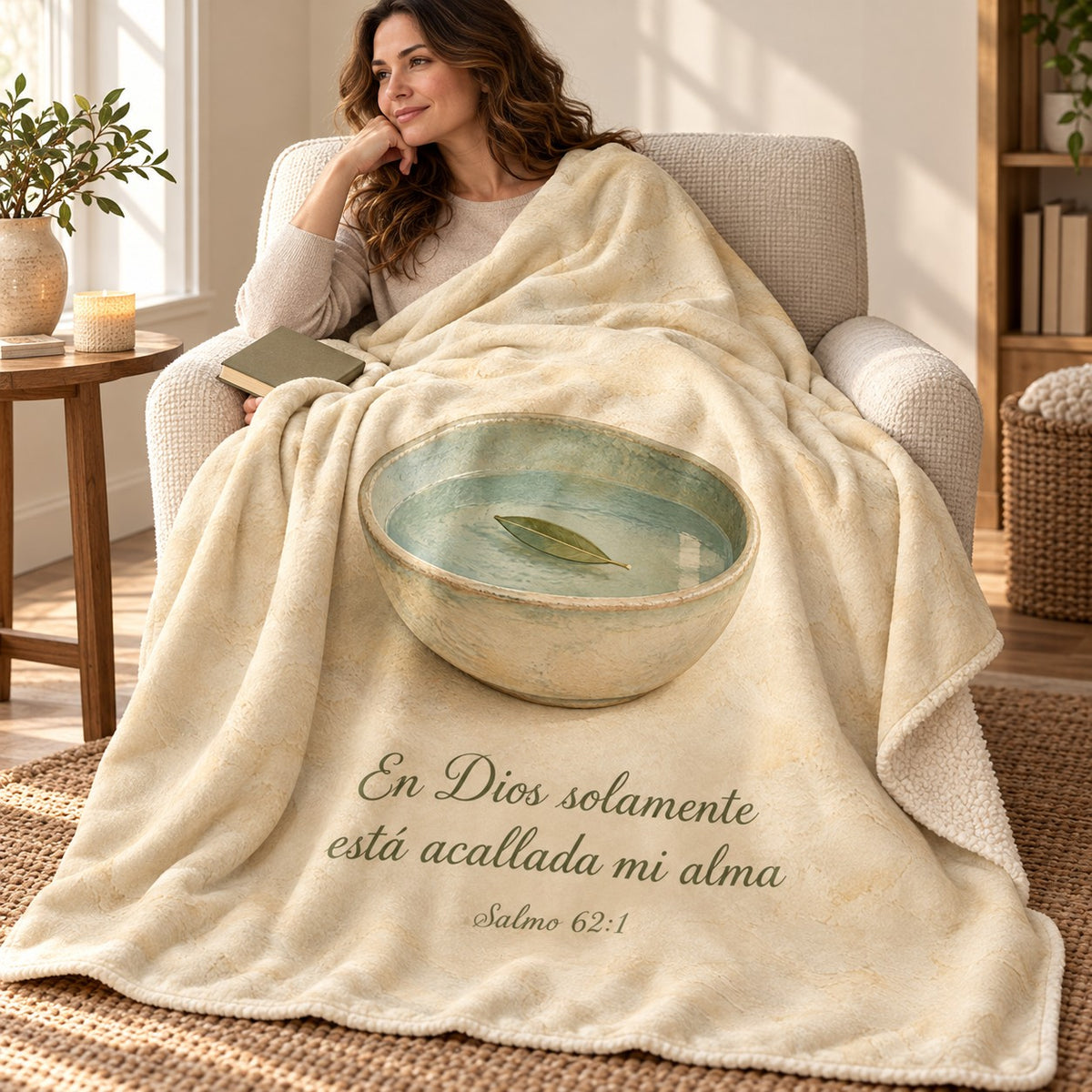 En Dios solamente
está acallada mi alma blanket, wrapped around a reader