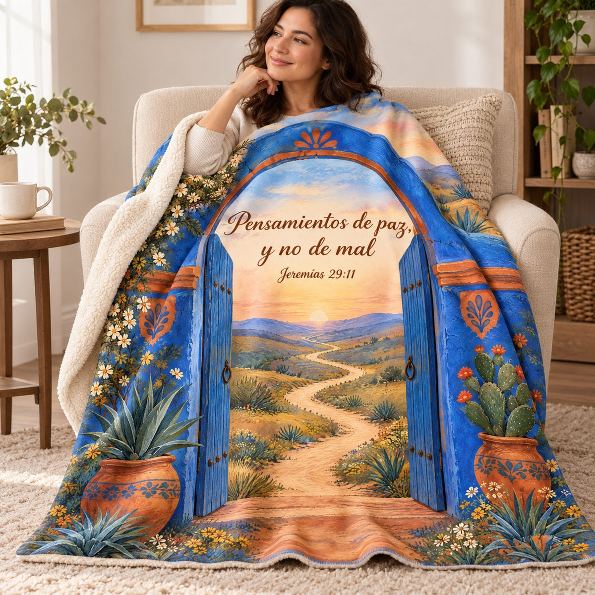 Pensamientos de paz,
y no de mal blanket, wrapped around a reader