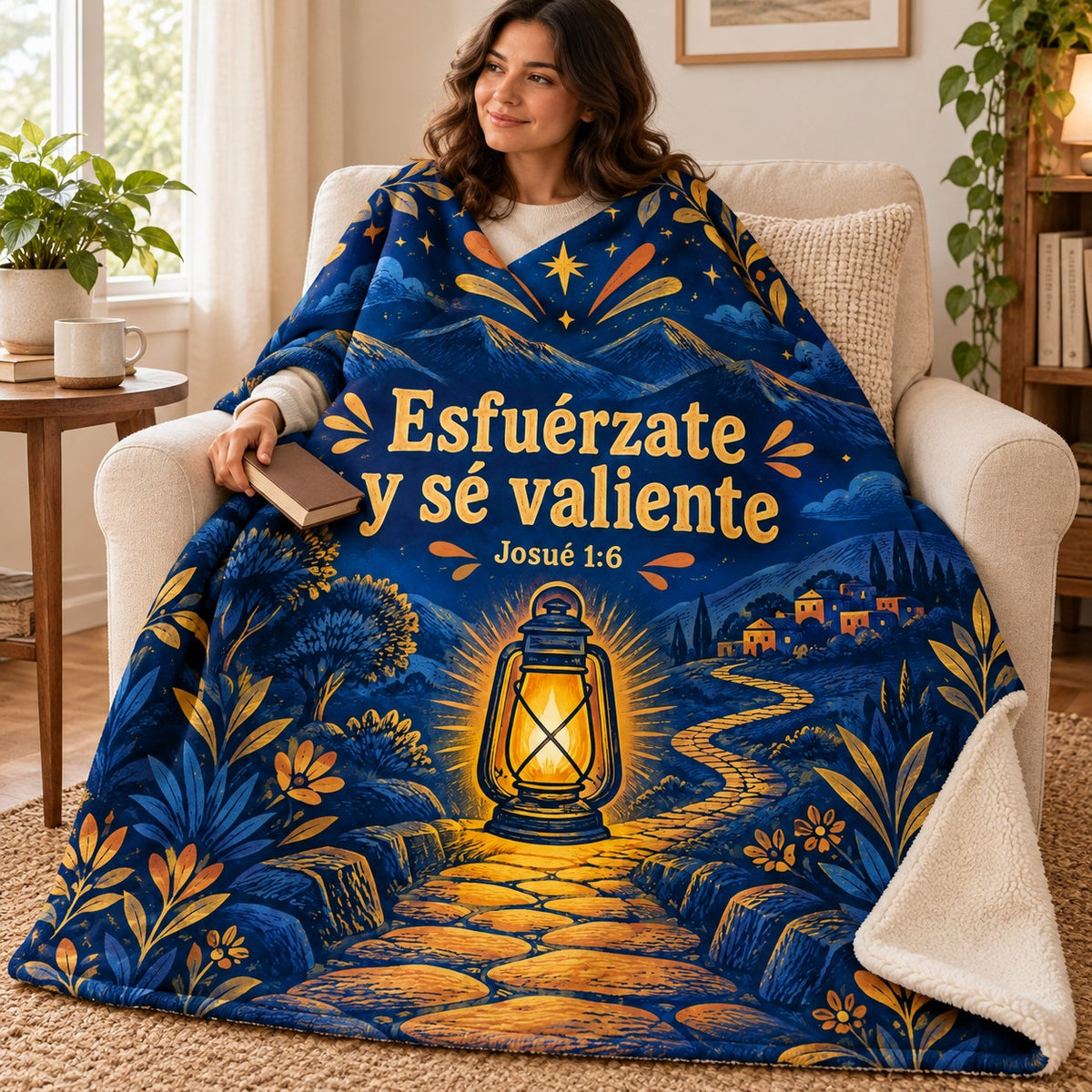 Esfuérzate
y sé valiente blanket, wrapped around a reader