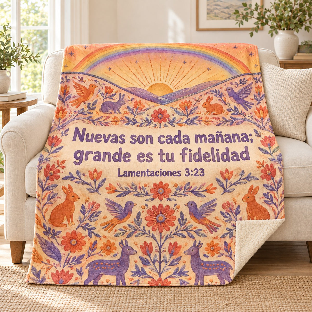 Nuevas son cada mañana;
grande es tu fidelidad blanket, on a sofa