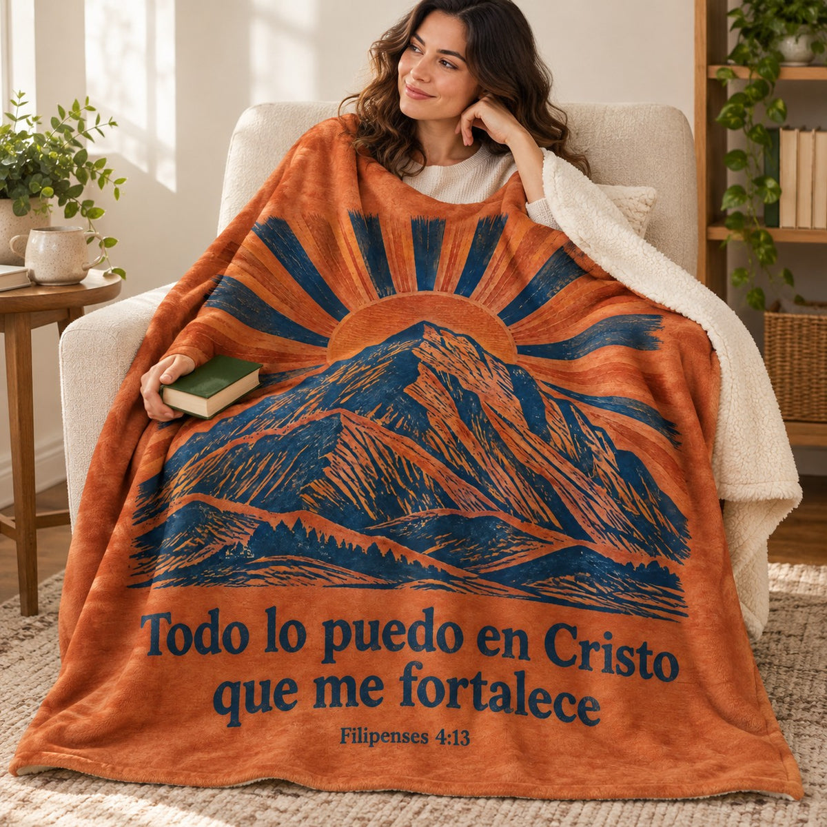 Todo lo puedo en Cristo
que me fortalece blanket, wrapped around a reader