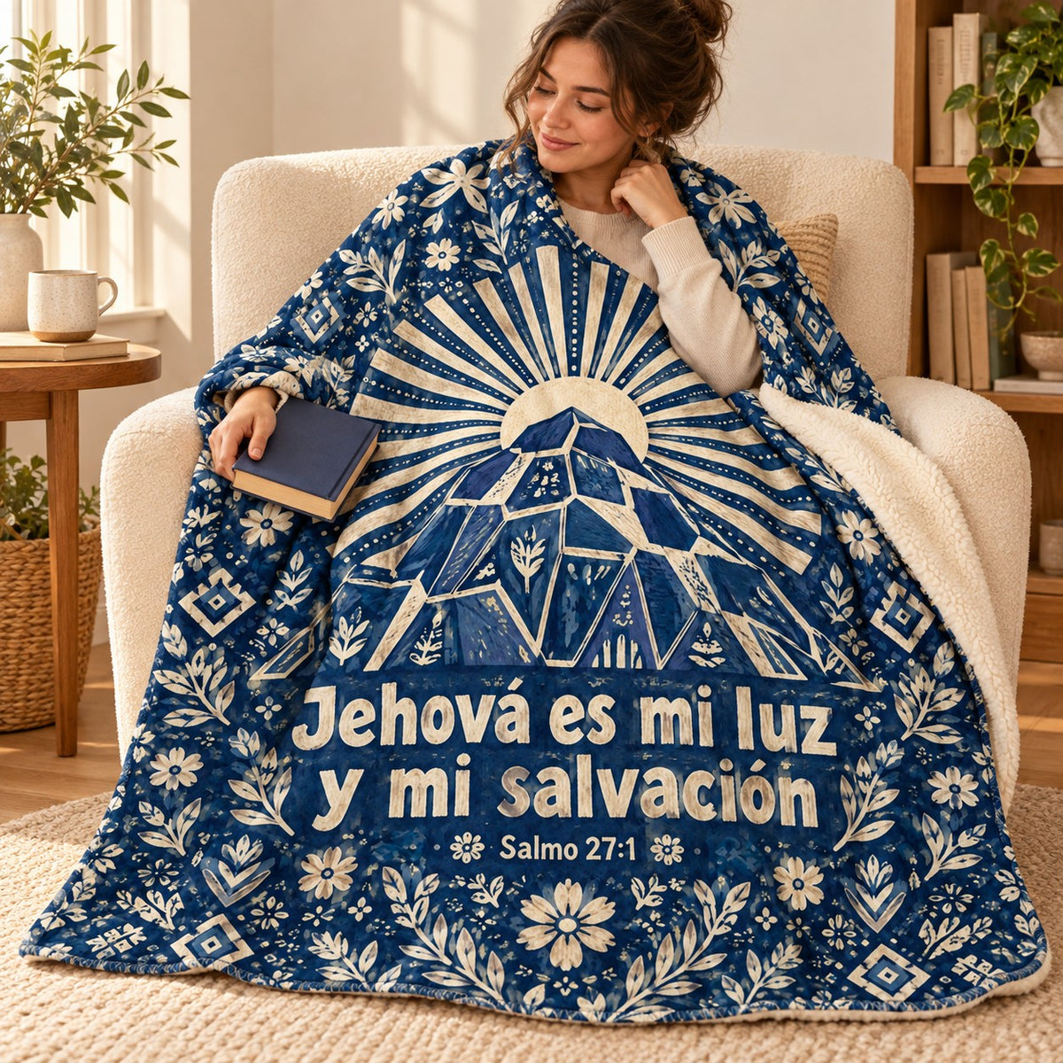 Jehová es mi luz
y mi salvación blanket, wrapped around a reader