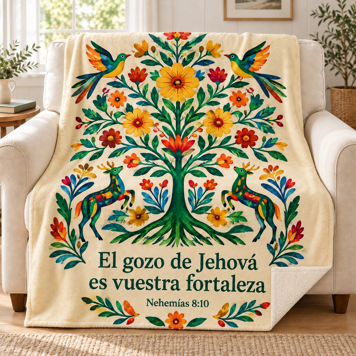El gozo de Jehová
es vuestra fortaleza blanket, on a sofa