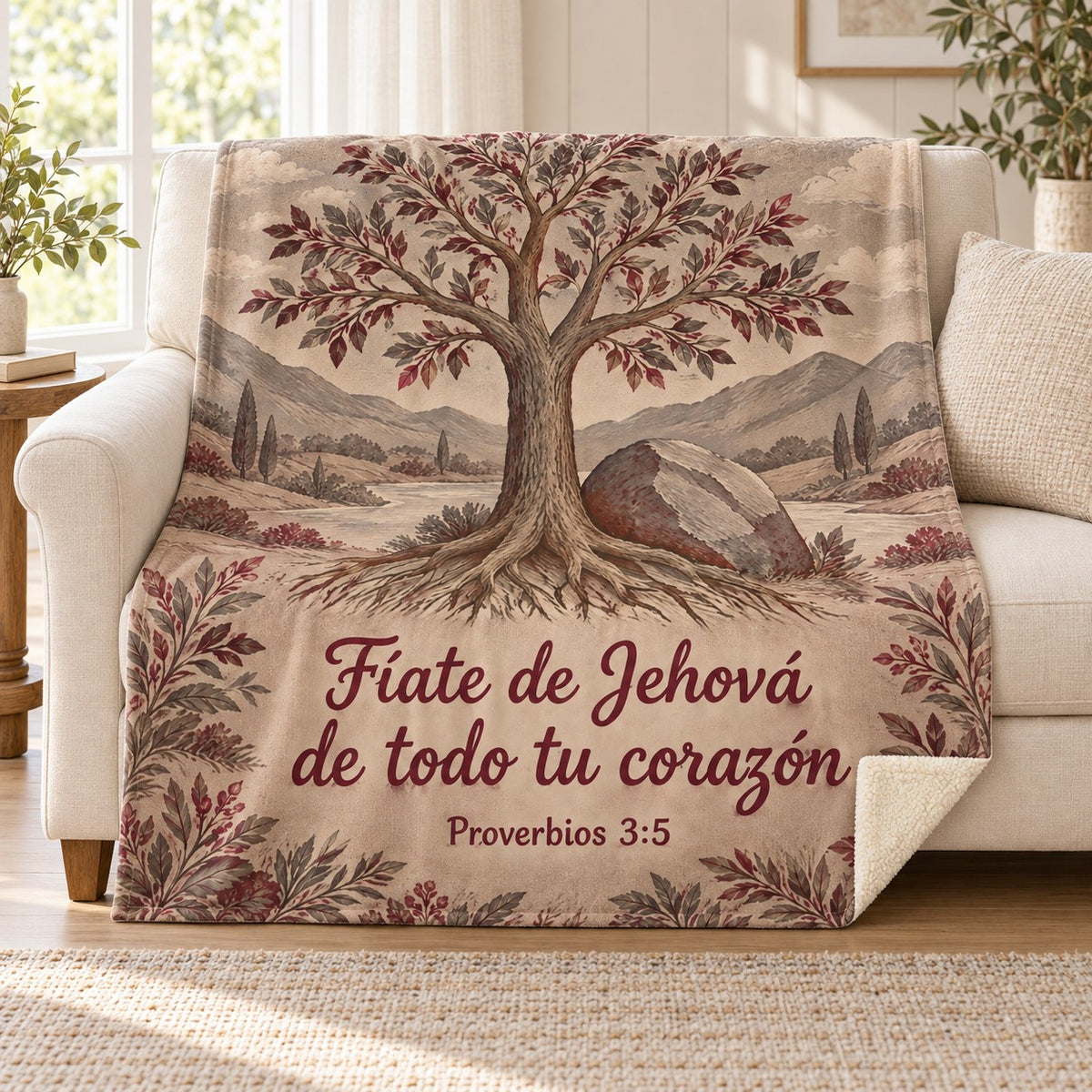Fíate de Jehová
de todo tu corazón blanket, on a sofa