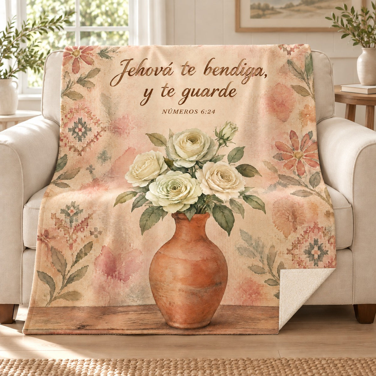 Jehová te bendiga,
y te guarde blanket, on a sofa