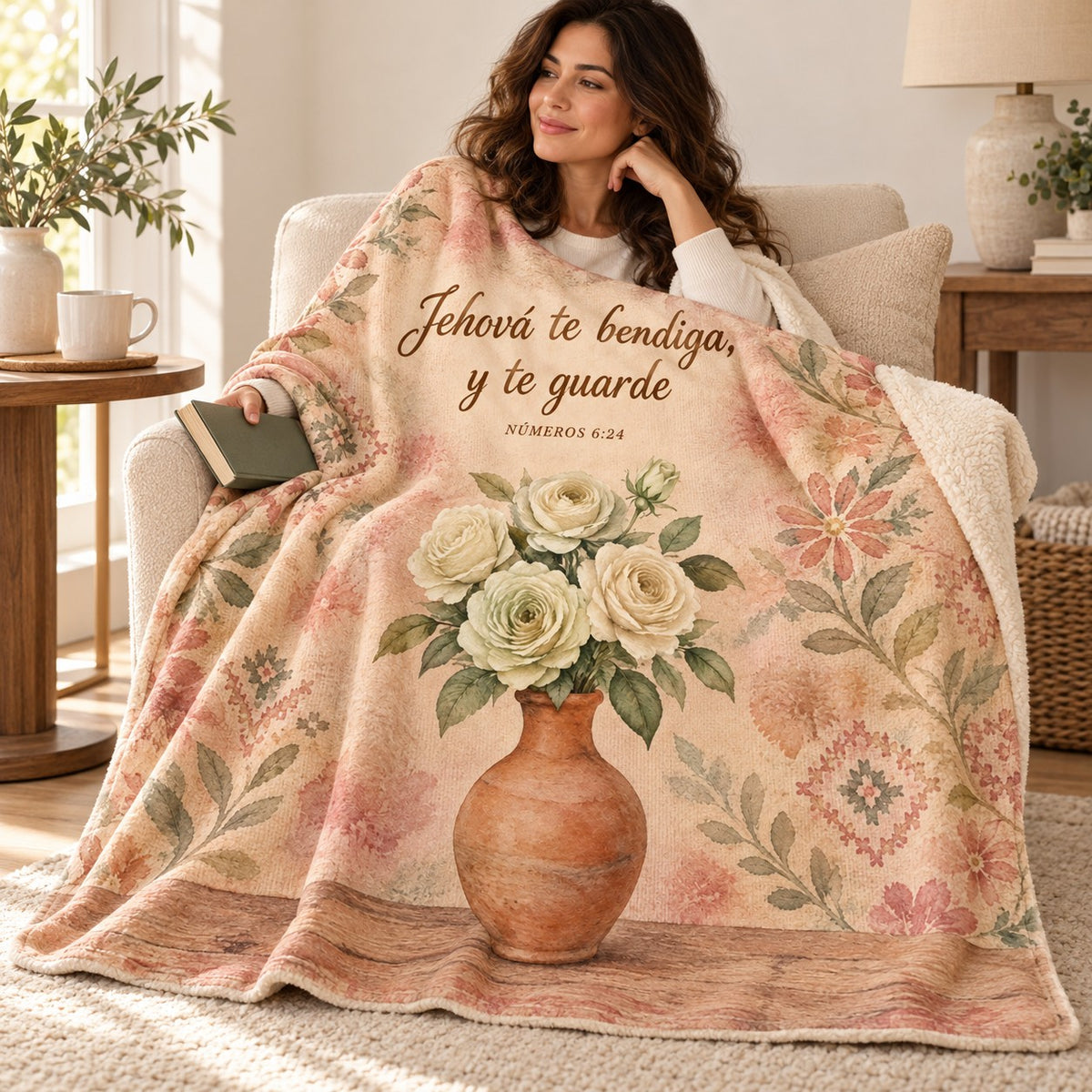 Jehová te bendiga,
y te guarde blanket, wrapped around a reader