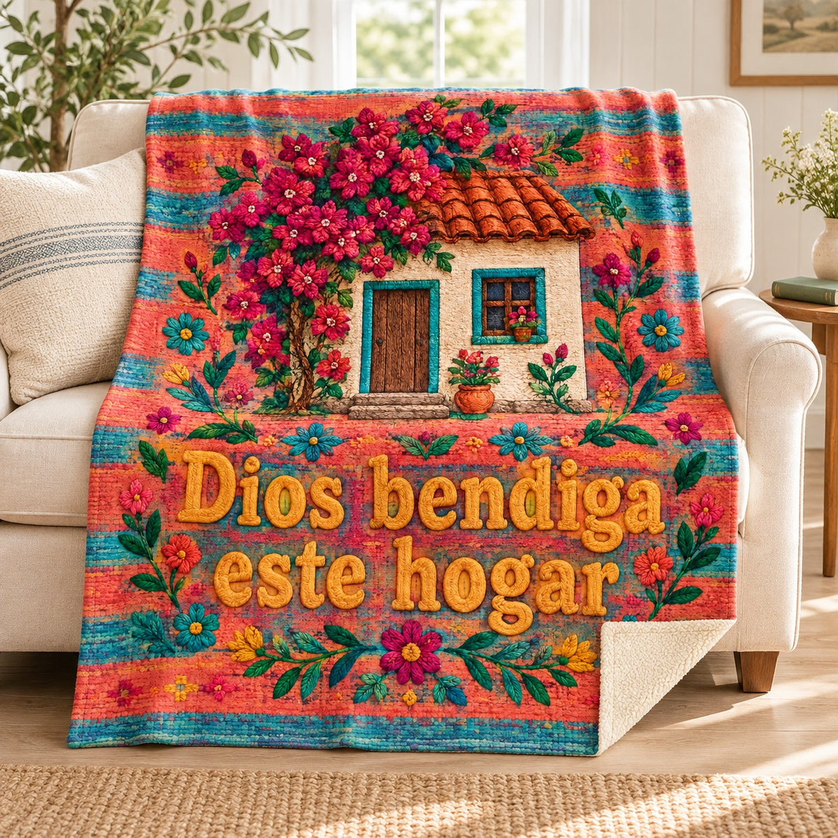 Dios bendiga
este hogar blanket, on a sofa
