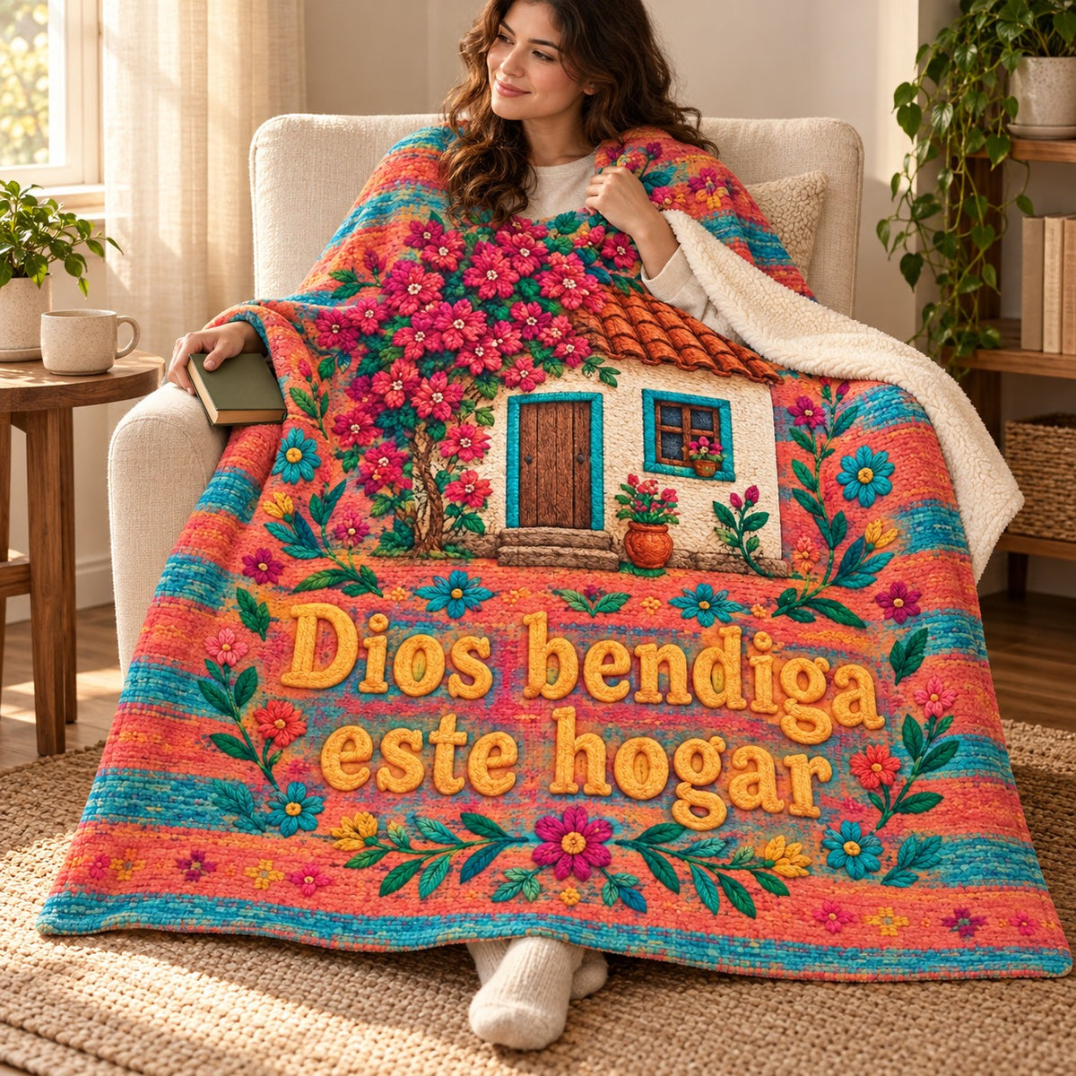 Dios bendiga
este hogar blanket, wrapped around a reader
