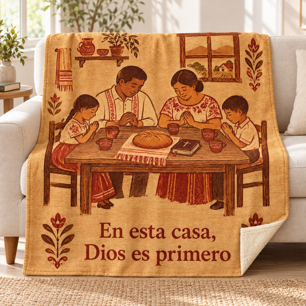 En esta casa,
Dios es primero blanket, on a sofa
