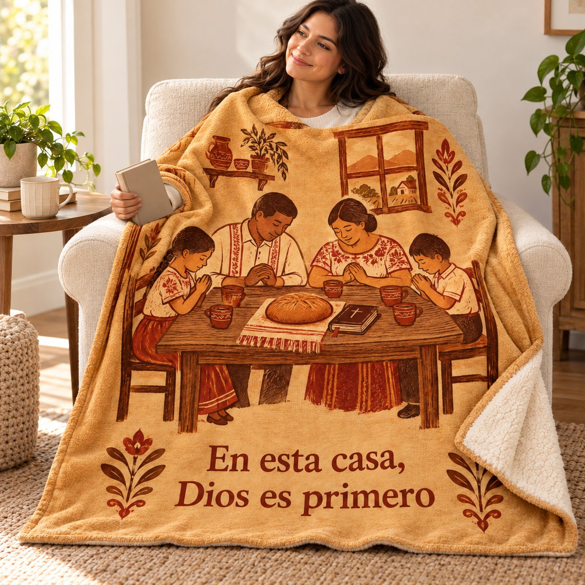 En esta casa,
Dios es primero blanket, wrapped around a reader