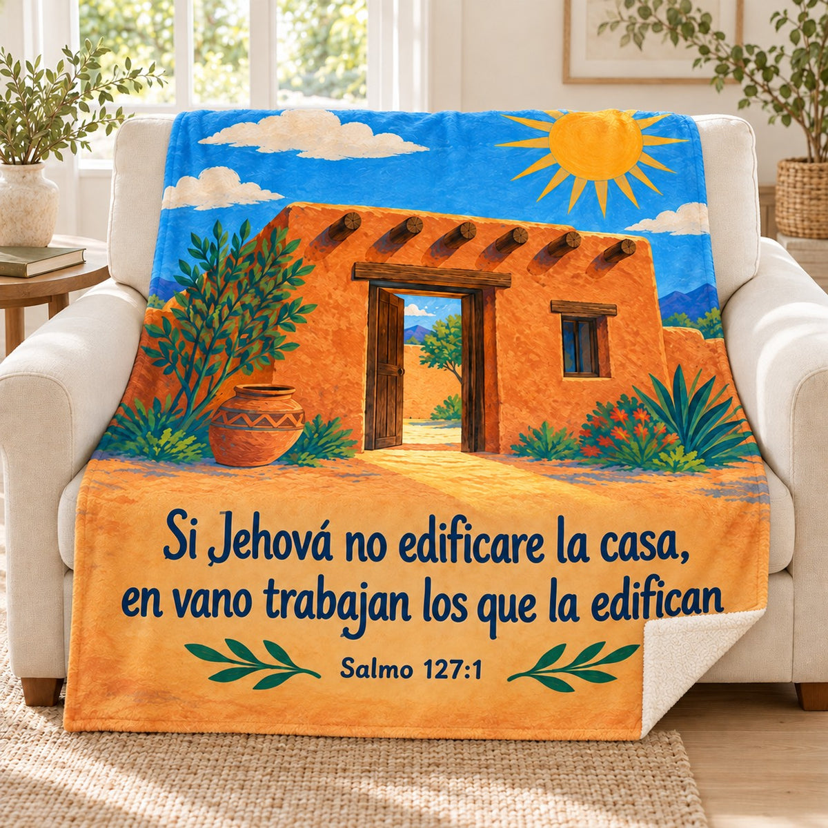 Si Jehová no edificare la casa,
en vano trabajan los que la edifican blanket, on a sofa