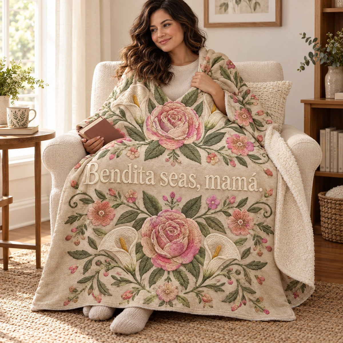 Bendita seas, mamá. blanket, wrapped around a reader