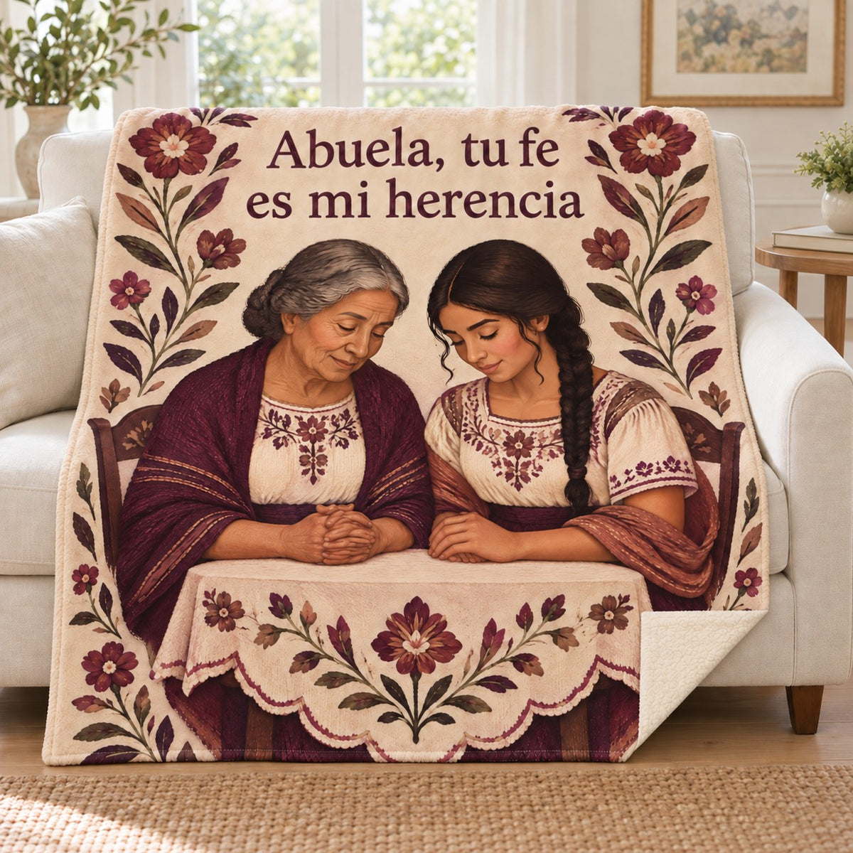 Abuela, tu fe
es mi herencia blanket, on a sofa