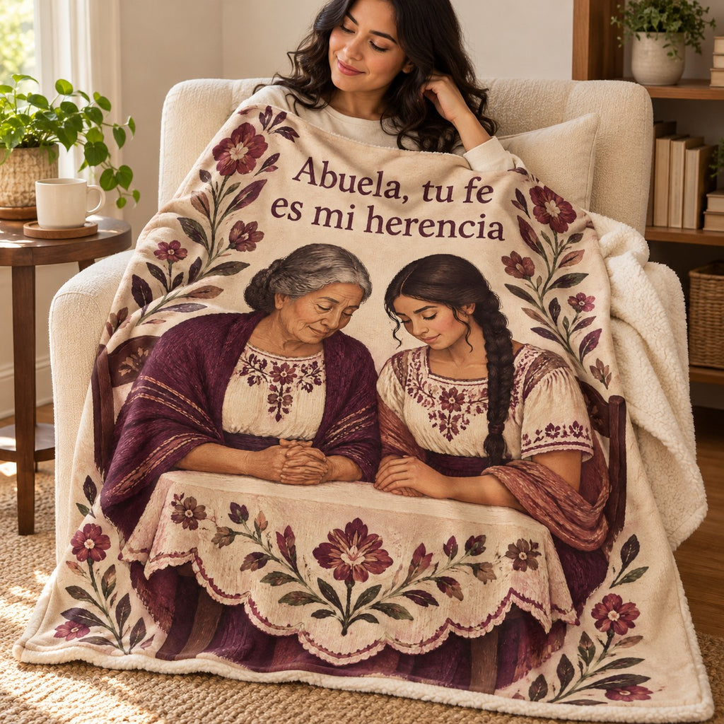 Abuela, tu fe
es mi herencia blanket, wrapped around a reader