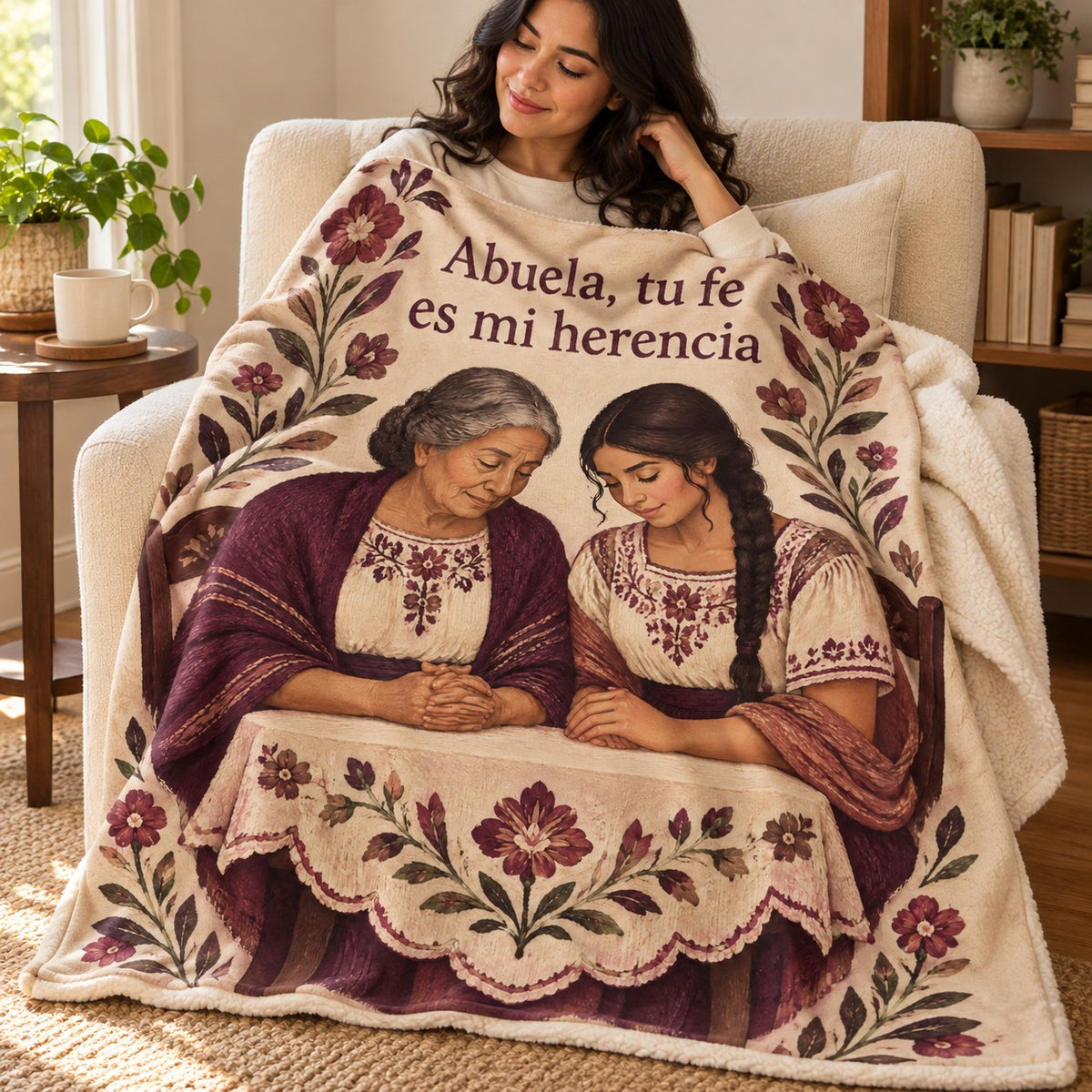 Abuela, tu fe
es mi herencia blanket, wrapped around a reader