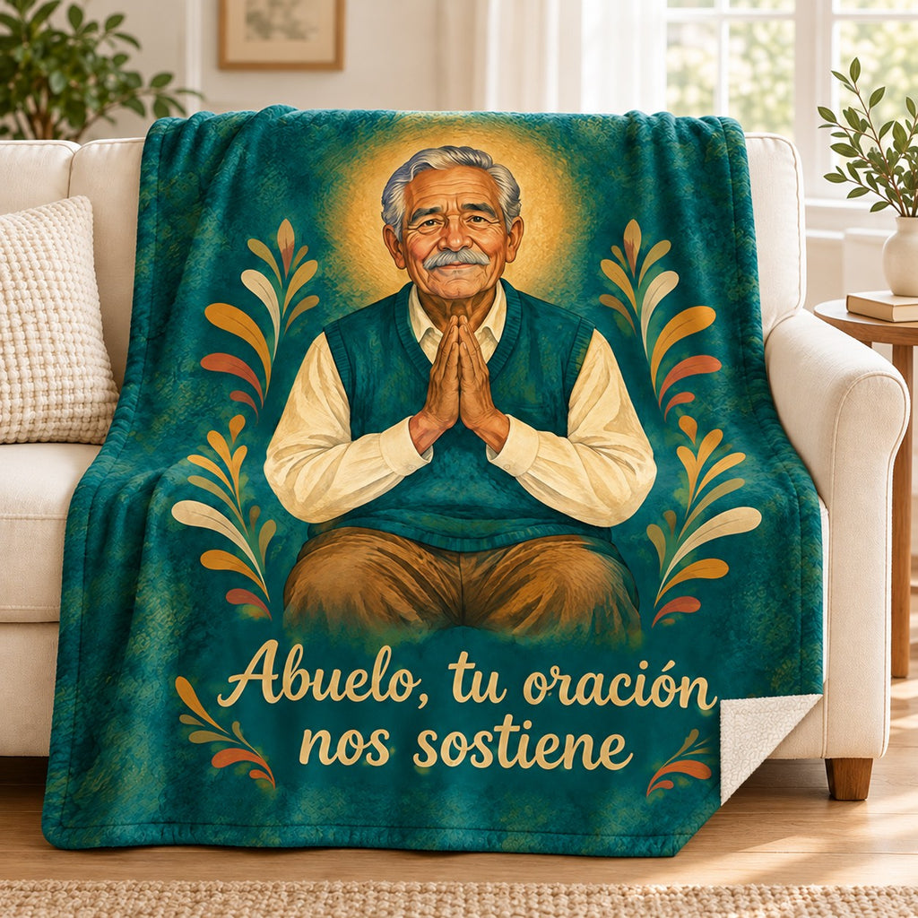 Abuelo, tu oración
nos sostiene blanket, on a sofa