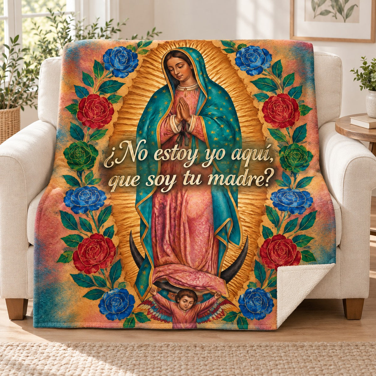 ¿No estoy yo aquí,
que soy tu madre? blanket, on a sofa