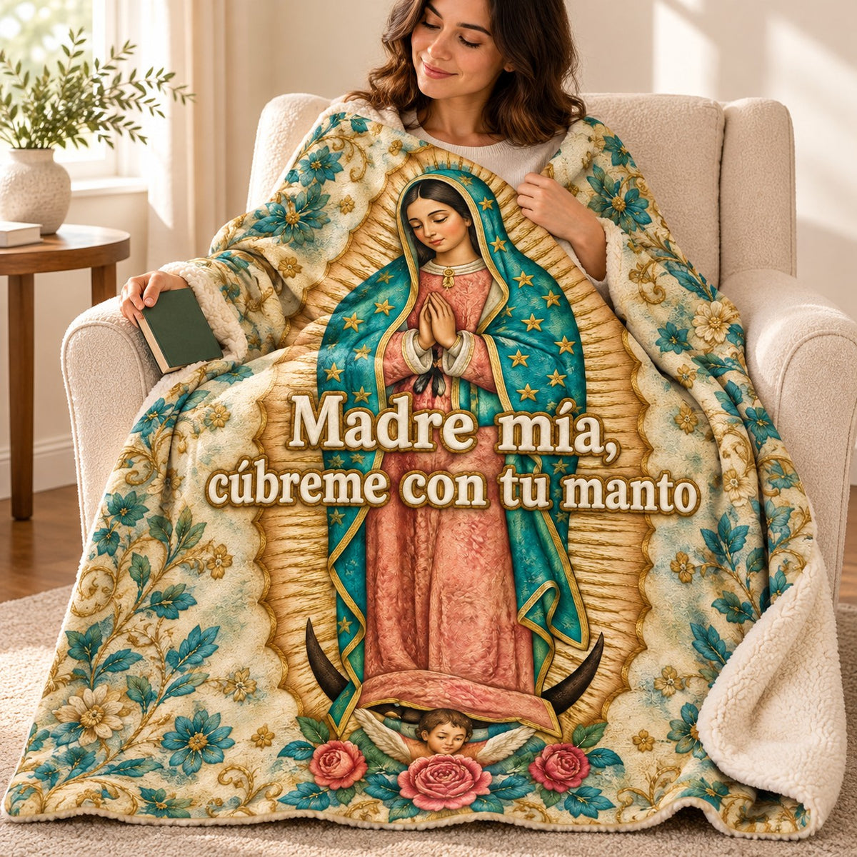 Madre mía,
cúbreme con tu manto blanket, wrapped around a reader