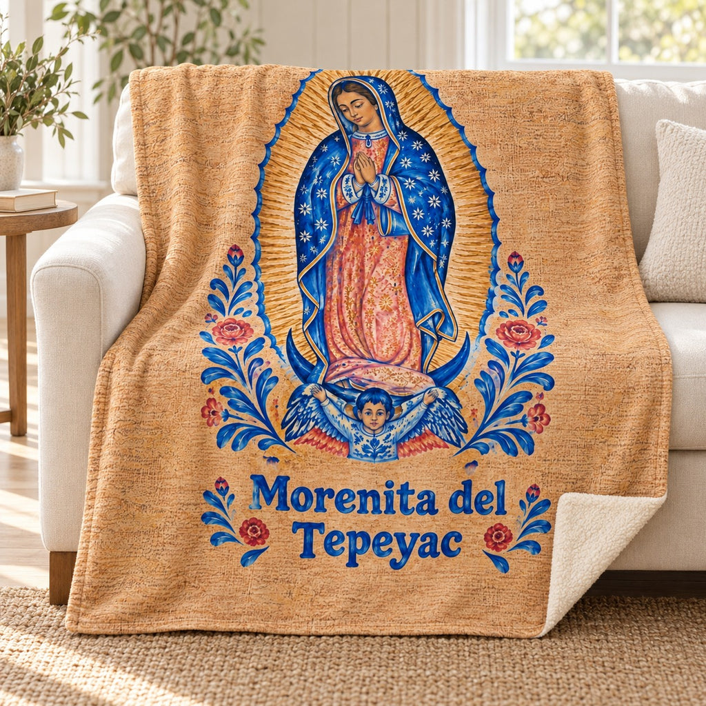 Morenita del
Tepeyac blanket, on a sofa