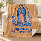 Morenita del
Tepeyac blanket, on a sofa