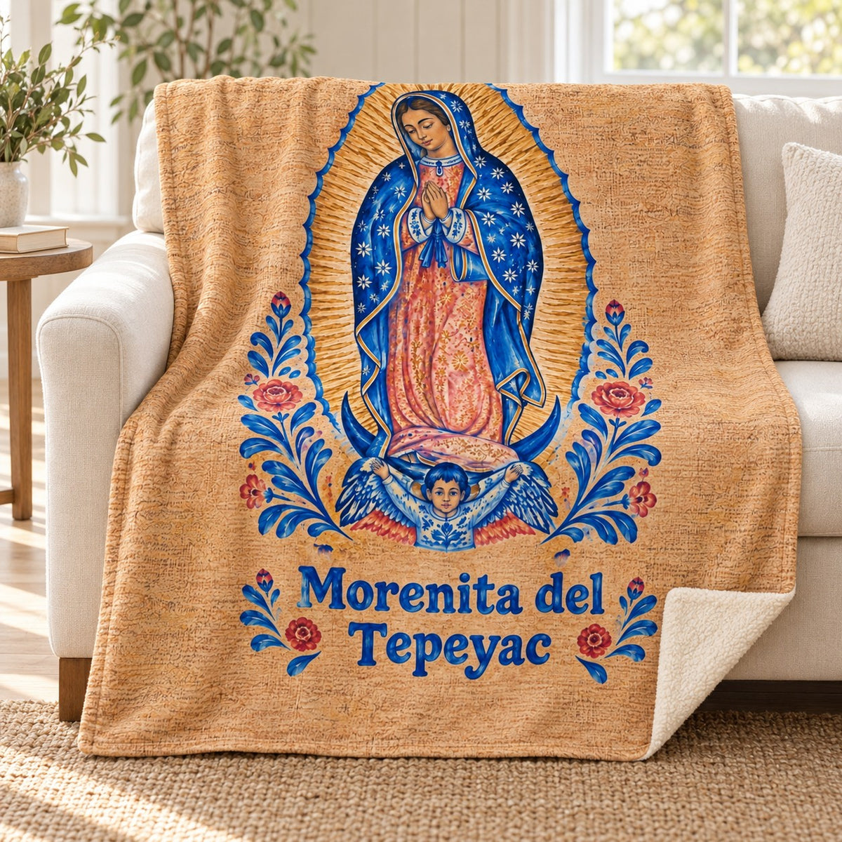 Morenita del
Tepeyac blanket, on a sofa