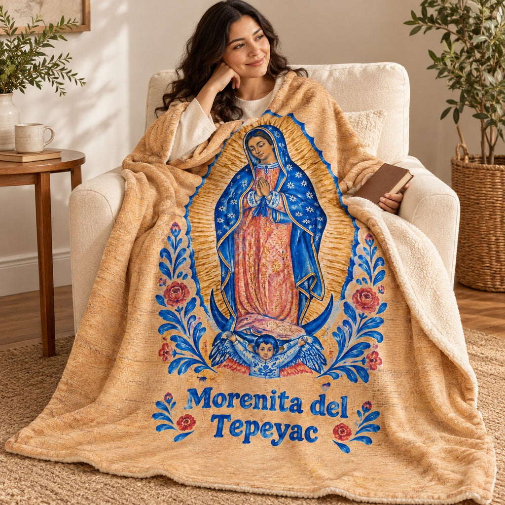 Morenita del
Tepeyac blanket, wrapped around a reader