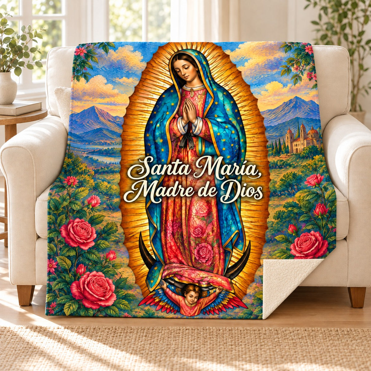 Santa María,
Madre de Dios blanket, on a sofa