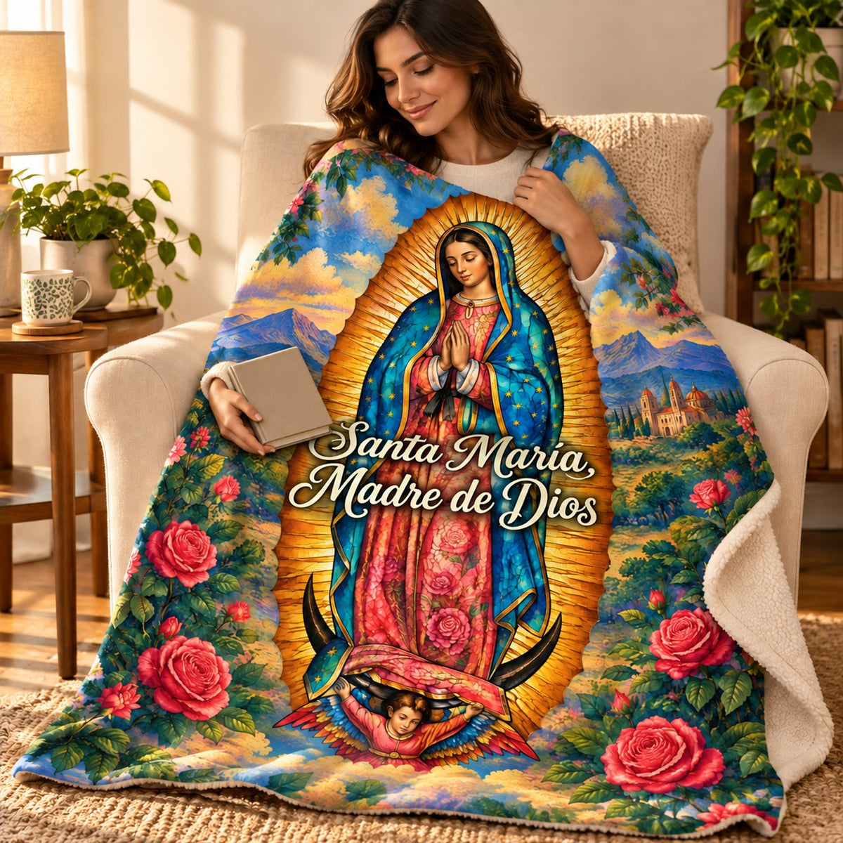 Santa María,
Madre de Dios blanket, wrapped around a reader