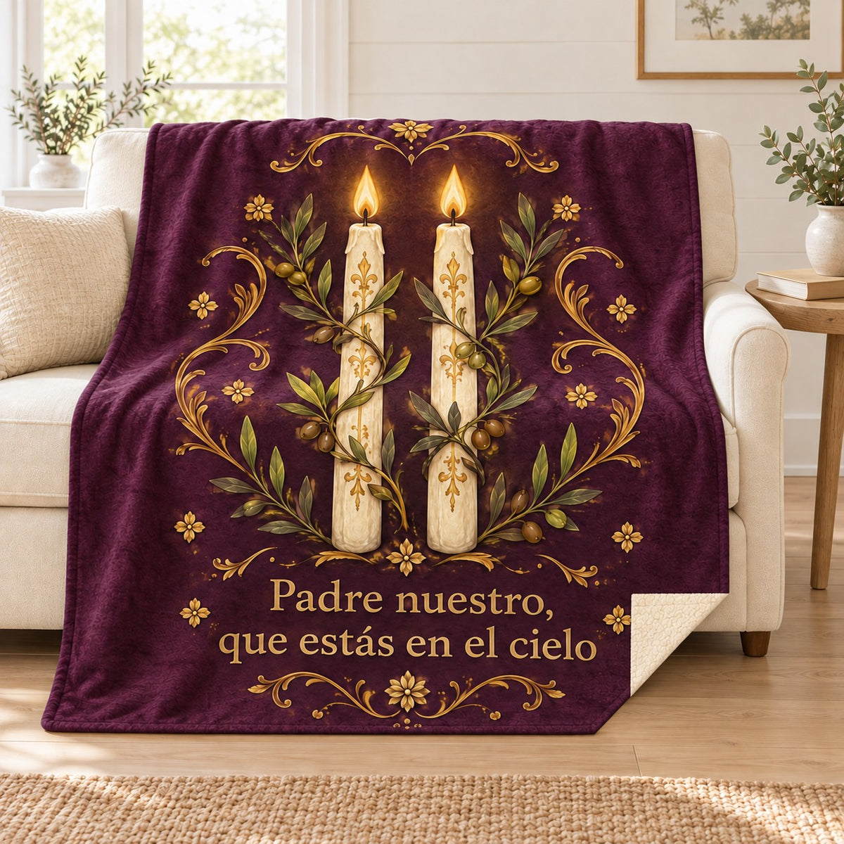Padre nuestro,
que estás en el cielo blanket, on a sofa