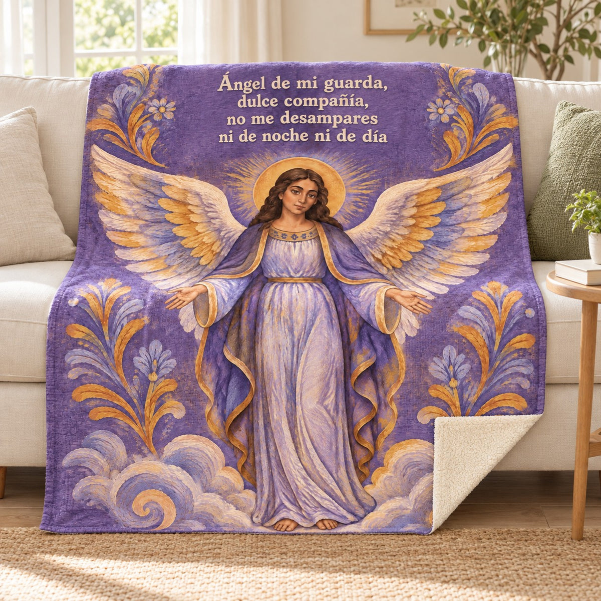 Ángel de mi guarda,
dulce compañía,
no me desampares
ni de noche ni de día blanket, on a sofa