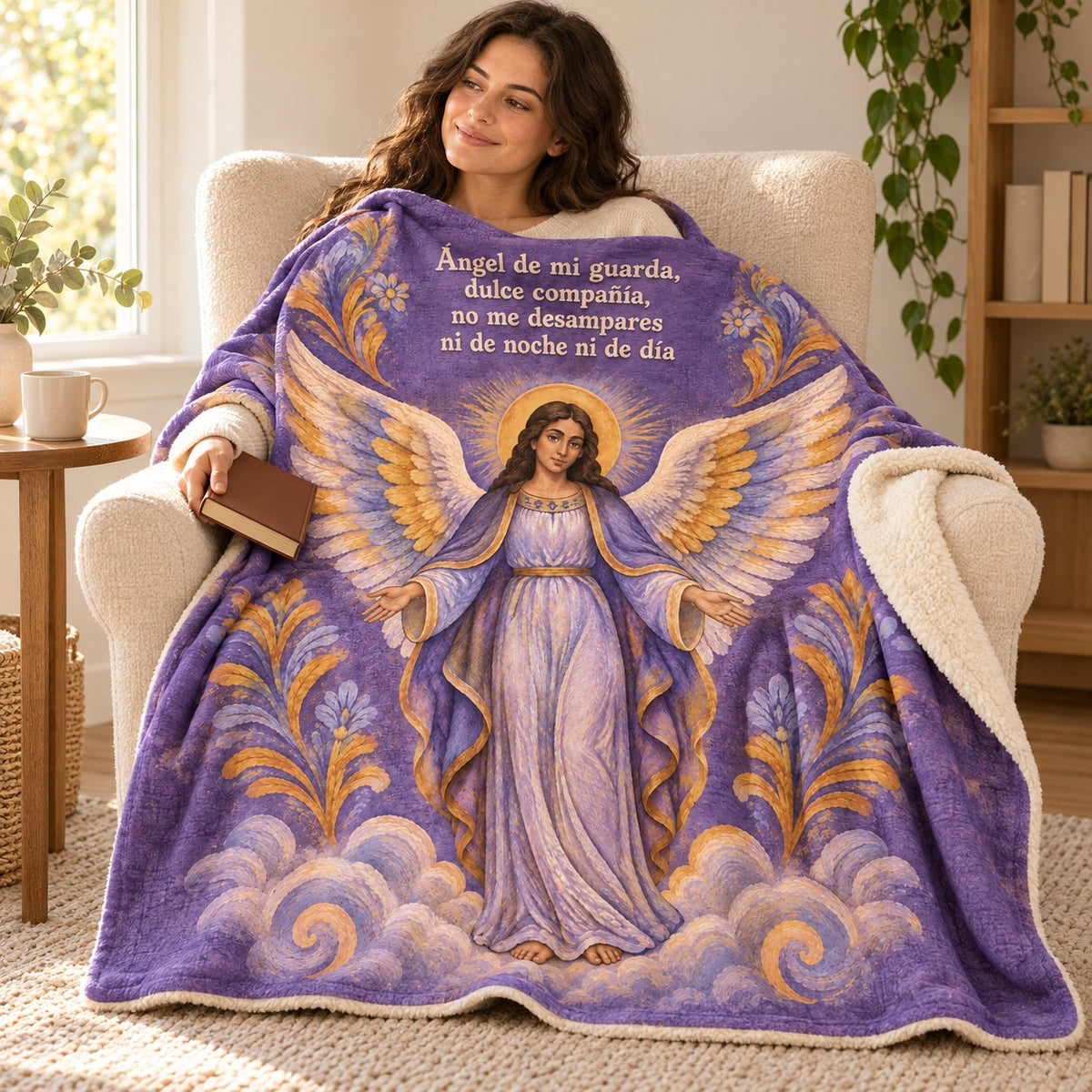 Ángel de mi guarda,
dulce compañía,
no me desampares
ni de noche ni de día blanket, wrapped around a reader