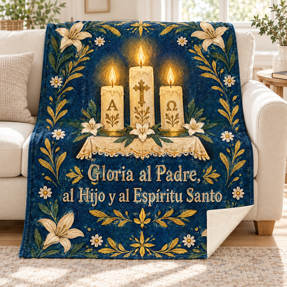 Gloria al Padre,
al Hijo y al Espíritu Santo blanket, on a sofa