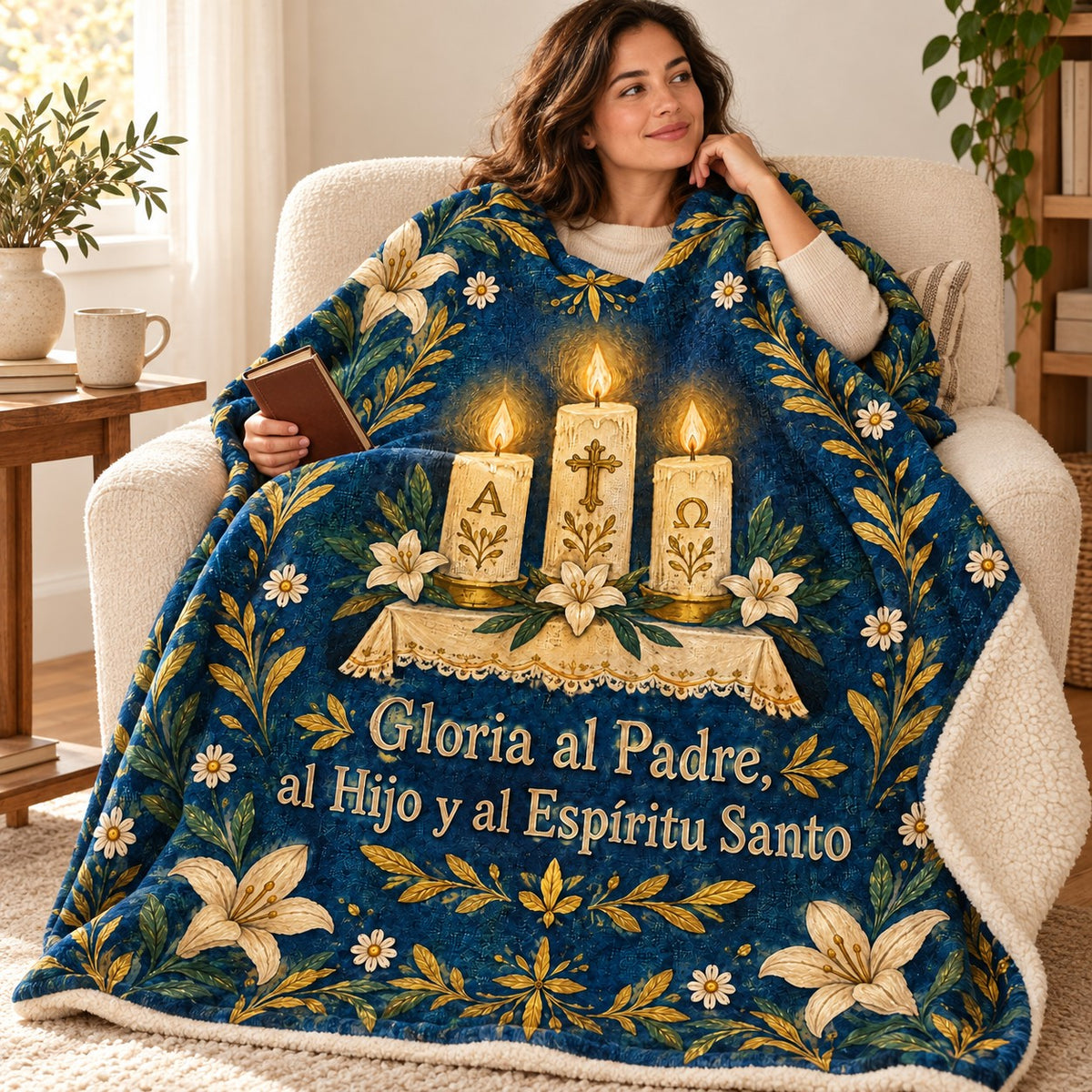 Gloria al Padre,
al Hijo y al Espíritu Santo blanket, wrapped around a reader