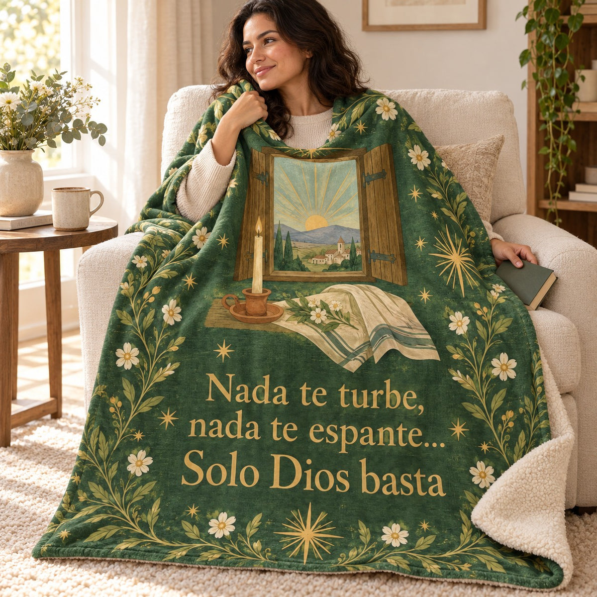 Nada te turbe,
nada te espante…
Solo Dios basta blanket, wrapped around a reader