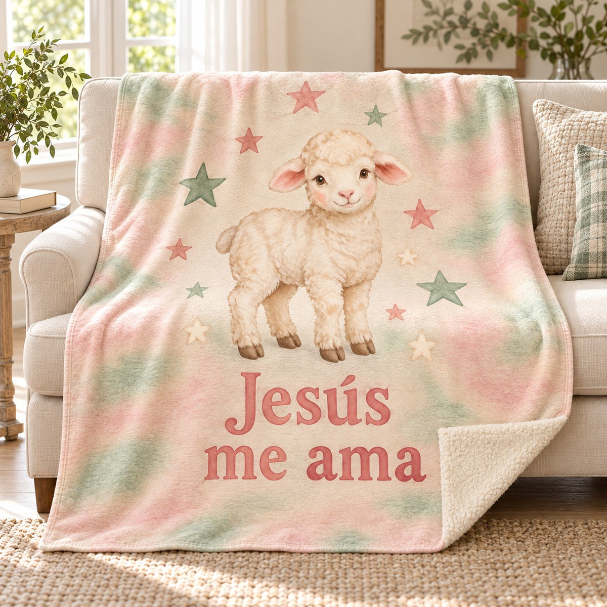 Jesús
me ama blanket, on a sofa
