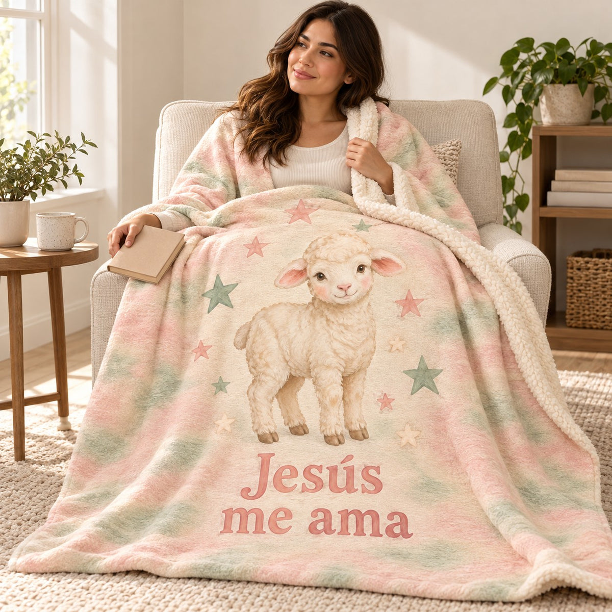 Jesús
me ama blanket, wrapped around a reader