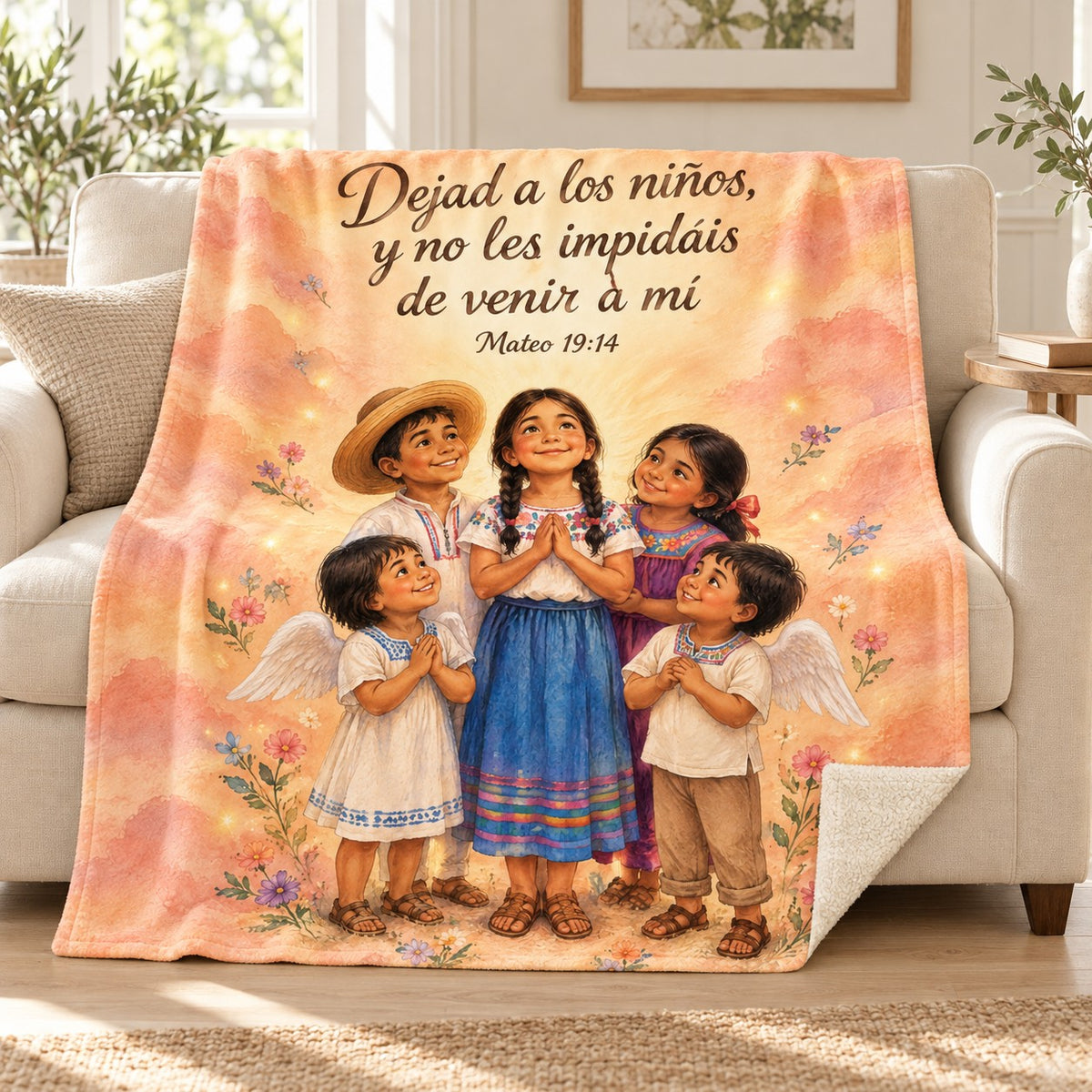 Dejad a los niños,
y no les impidáis
de venir a mí blanket, on a sofa
