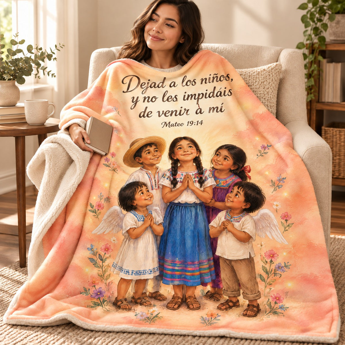 Dejad a los niños,
y no les impidáis
de venir a mí blanket, wrapped around a reader