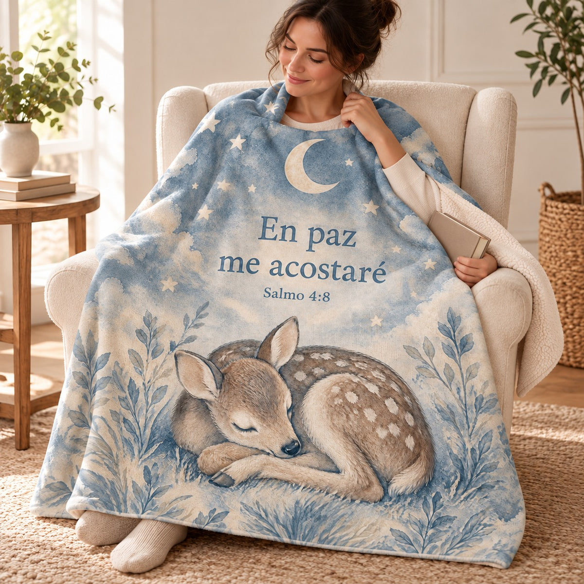 En paz
me acostaré blanket, wrapped around a reader