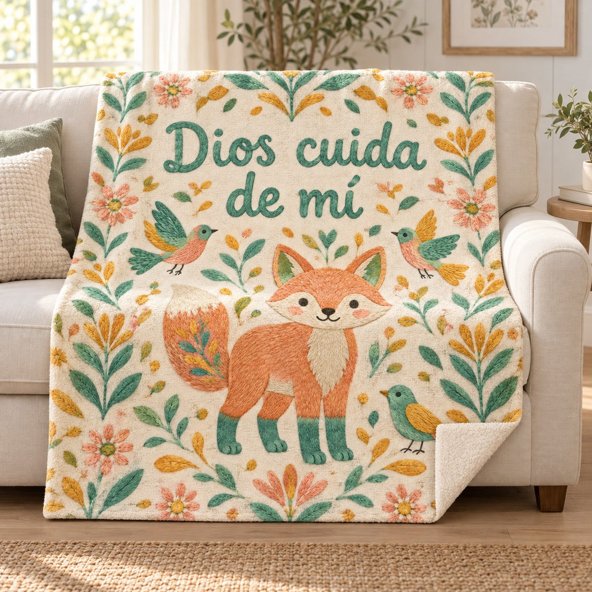 Dios cuida
de mí blanket, on a sofa