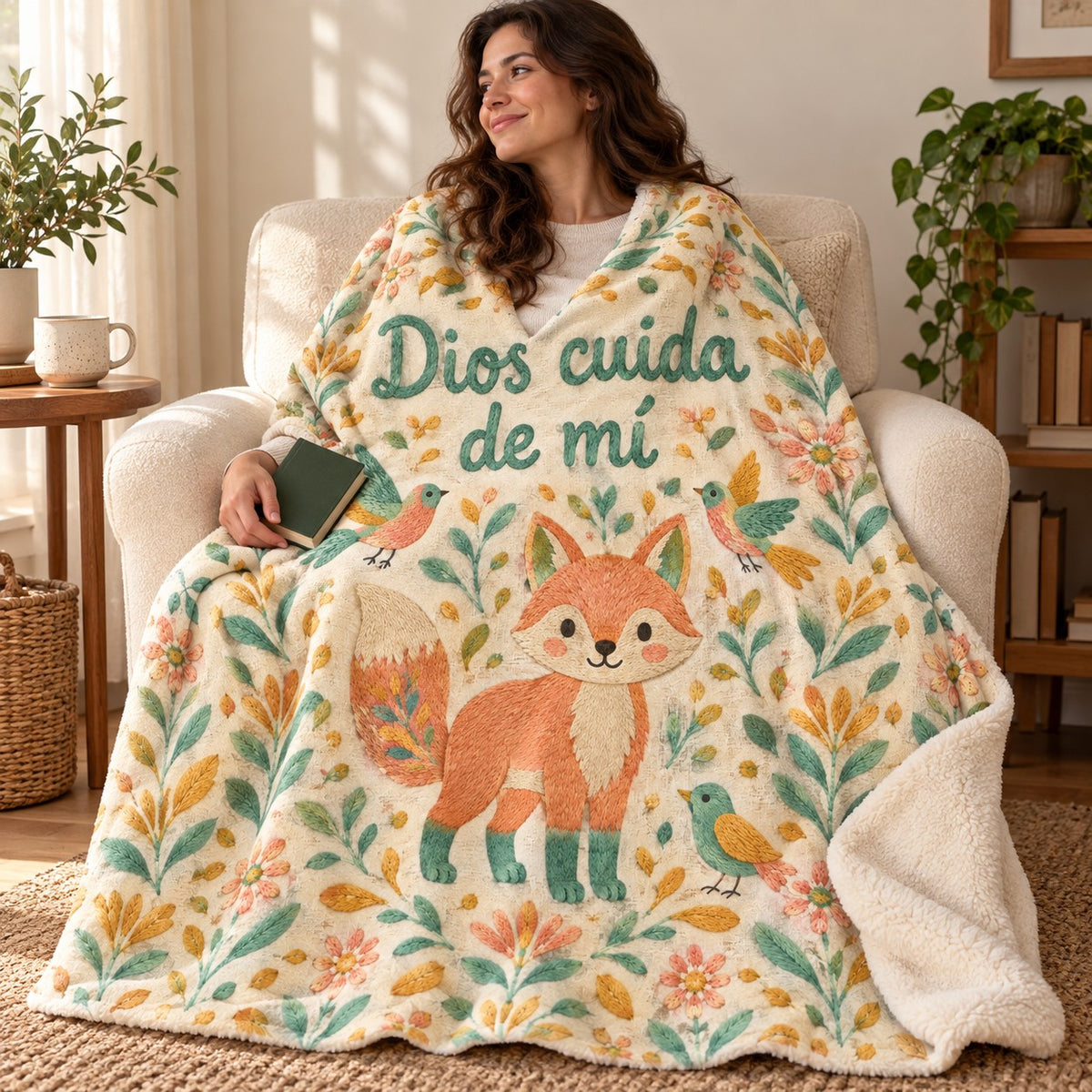 Dios cuida
de mí blanket, wrapped around a reader
