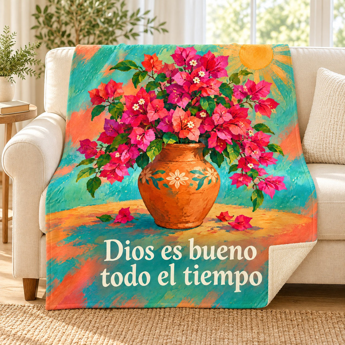 Dios es bueno
todo el tiempo blanket, on a sofa