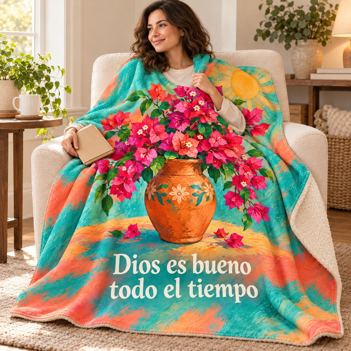 Dios es bueno
todo el tiempo blanket, wrapped around a reader
