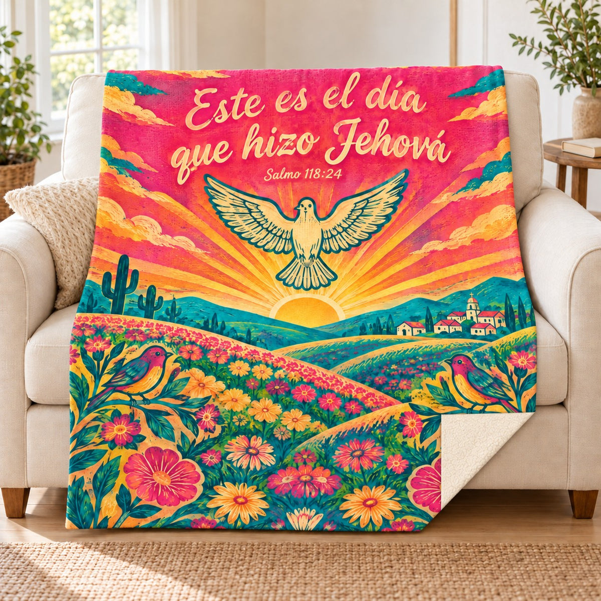 Este es el día
que hizo Jehová blanket, on a sofa
